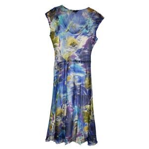 Komarov Midi Crinkle Stretch Dress Size S Blue Multi Cap Sleeve V-neck W/Slip